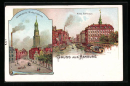 Lithographie Hamburg-Neustadt, Schaarmarkt Mit Michaeliskirche, Altes Rathaus Mit Kanal  - Mitte