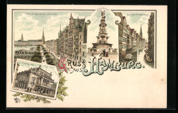 Lithographie Hamburg-Neustadt, Alter Jungfernstieg Und Alsterdamm, Stadttheater  - Theater