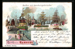Lithographie Hamburg-Harburg, Hafen Mit Landungsbrücke  - Otros & Sin Clasificación