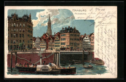 Lithographie Hamburg, Messberg Mit Brücke Und Dampfer  - Mitte
