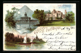 Lithographie Potsdam, Schloss Babelsberg, Pfaueninsel, Marmor Palais  - Potsdam