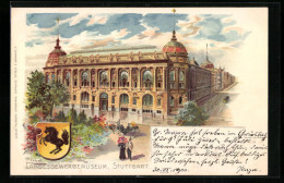 Lithographie Stuttgart, Landesgewerbemuseum Mit Strassenbahn, Wappen  - Stuttgart