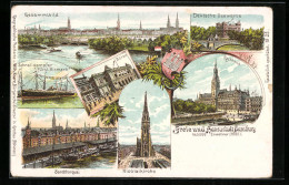 Lithographie Hamburg, Rathaus, Sandthorquai, Dampfer Fürst Bismarck  - Mitte