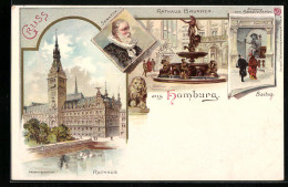 Lithographie Hamburg, Gasthaus Rathsweinkeller, Rathaus-Brunnen  - Mitte