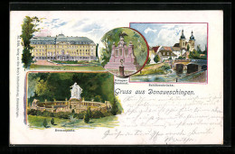 Lithographie Donaueschingen, Fürstl. Schloss, Kriegerdenkmal, Schützenbrücke  - Donaueschingen