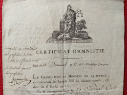 DIPLOME CERTIFICAT D AMNISTIE A ANTOINE RESPLANDY PRETRE A ORTHEZ 1803 VIGNETTE CACHET AUTOGRAPHES - Diploma's En Schoolrapporten