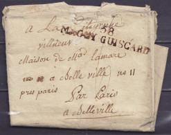 L. Datée 11 Août ? De GUISCARD Pour BELLEVILLE Par Paris - Griffe "58/ M…-GUISCARD" - Port "6" - 1701-1800: Precursori XVIII