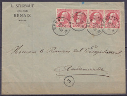 Env. Notaire Sturbaut Affr. 4x N°74 Càd RENAIX /20 AOUT 1908 Pour AUDENAERDE (au Dos: Càd Arrivée AUDENAERDE) - 1905 Barbas Largas