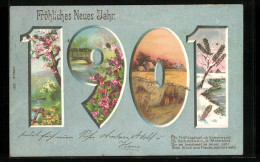 AK Blühender Baum, Brücke, Herbstlandschaft Und Uferpartie Im Winter In Jahreszahl, Neujahrsgruss 1901  - Otros & Sin Clasificación