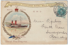 GB / Scotland - 1901 Type 14/107 "GK & ARDRISHAIG PACKET / A / COLUMBA " Date Stamp On MS Columbia Post Card - Marcofilie