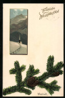 Künstler-AK Alfred Mailick: Winter-Berglandschaft Mit Kirche, Tannenzweig, Weihnachtsgruss  - Mailick, Alfred