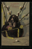 Künstler-AK Alfred Mailick: Hundewelpen In Vase Mit Weidenkätzchen, Ostergruss  - Mailick, Alfred