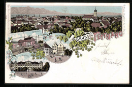 Lithographie Tettnang, Schloss, Bahnhof, Tor, Panorama  - Tettnang