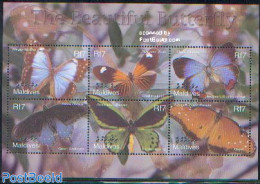 Maldives 2002 Butterflies 6v M/s /Morpho Menelus, Mint NH, Nature - Butterflies - Maldivas (1965-...)