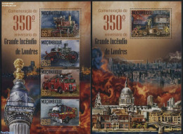 Mozambique 2016 Great Fire Of London 2 S/s, Mint NH, Transport - Automobiles - Fire Fighters & Prevention - Automobili