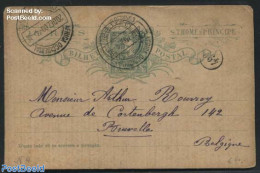 Sao Tome/Principe 1909 Postcard To Bruxelles, Used Postal Stationary - Sao Tomé Y Príncipe