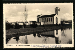 AK Karlsruhe I. B., Am Ufer Vor Der St. Franziskuskirche  - Karlsruhe