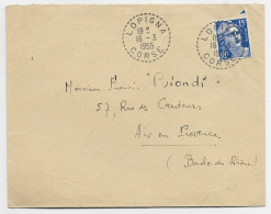 GANDON 15FR BLEU LETTRE C. PERLE LOPIGNA 16.3.1955 CORSE - Manual Postmarks