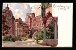 Lithographie Heidelberg, Idylle Im Schlosshof  - Heidelberg