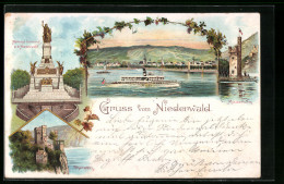 Lithographie Rüdesheim Am Rhein, Nationaldenkmal A.d. Niederwald, Rheinstein, Ortsansicht Mit Dampfschiff  - Rüdesheim A. Rh.