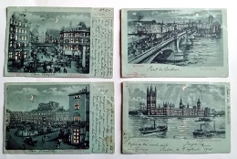 LONDON - LONDRES - SERIE DE 4 CPA   Lithographies - A  SYSTHEME , BLEUES A LA LUNE - FENETRES ET LAMPADERES ECLAIRES - Altri & Non Classificati