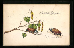 Lithographie Zwei Maikäfer Mit Birkenzweig, Pfingstgruss  - Insecten