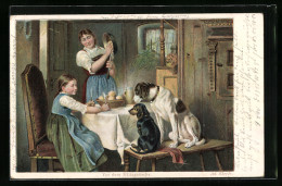 AK Mutter Und Tochter Sind Mit Dackel Und Seinem Freund Am Tisch  - Honden
