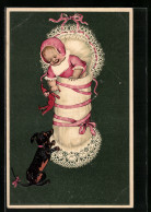 AK Lachender Säugling Mit Puppe Und Dackel  - Honden