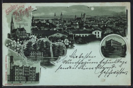 Mondschein-Lithographie Zittau, Katholische Kirche, Rathaus, Weinau-Restaurant, Königl. Baugewerkschule  - Zittau