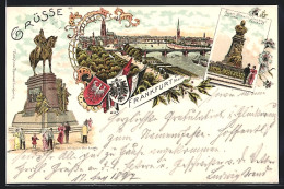 Lithographie Frankfurt, Kaiser Wilhelm-Denkmal Auf Dem Posthof, Panoramablick Auf Die Stadt Und Den Main  - Frankfurt A. Main