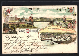 Lithographie Düsseldorf, Neuer Rheinhafen, Rheinbrücke  - Duesseldorf