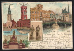 Lithographie Berlin, Rotes Rathaus, Marien-Kirche, Lutherdenkmal, Mühlendamm, Neuer Markt  - Mitte