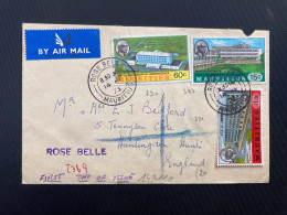 LETTRE Par Avion Pour ANGLETERRE TP BANK R1.00 + UNIVERSITY 15c + INDEPENDENCE 60c OBL.14 AP 73 ROSE BELLE + Griffe ROSE - Maurice (1968-...)