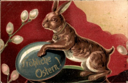 Gaufré Lithographie Glückwunsch Ostern, Hase, Osterei, Weidenkätzchen - Easter