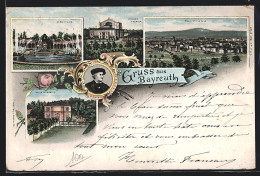 Lithographie Bayreuth, Wagner-Theater, Villa Wanfried, Eremitage, Panorama  - Theater