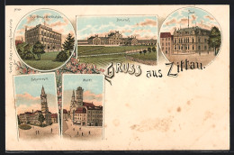 Lithographie Zittau, Bahnhof, Baugwerksschule, Post Und Johanneum  - Zittau