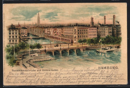 Lithographie Hamburg, Reesendammsbrücke Und Alsterarkaden  - Mitte