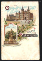 Lithographie Aachen, Kaserne, Kriegerdenkmal  - Aken