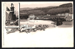 Lithographie Titisee, Teilansicht, Schwarzwaldmädchen  - Autres & Non Classés