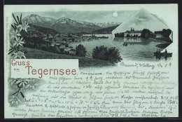 Mondschein-Lithographie Tegernsee, Schloss Tegernsee, Panorama  - Tegernsee