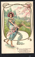 AK Junge Dame Mit Blumen U. Schleier Im Frühjahr, Jugendstil  - Other & Unclassified