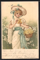 Künstler-Lithographie Dame In Sommergarderobe Mit Gepflückten Blumen, Im Jugendstil  - Autres & Non Classés