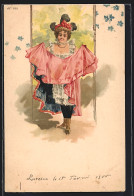 Künstler-Lithographie Dame Mit Angehobenem Kleid, Jugendstil  - Autres & Non Classés