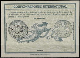 FRANCE First Day Of Issue Worldwide 01.10.1907  International Reply Coupon Reponse Antwortschein IRC IAS   Ro1 O PARIS - Antwoordbons