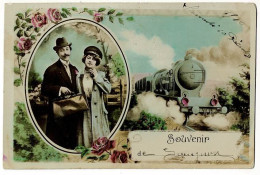 Carte Montage Photo- Couple Voyageurs & Train - Souvenir De Gueugnon, Cachet Convoyeur Digoin A Etang, Circ 1910 - Gueugnon