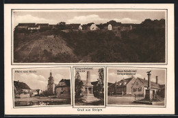 AK Steigra, Neue Schule Und Kriegerdenkmal, Pfarre Und Kirche, Kriegerdenkmal 1914-18  - Autres & Non Classés