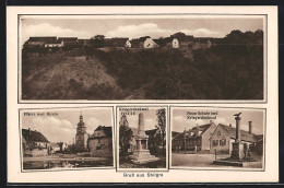 AK Steigra, Neue Schule Und Kriegerdenkmal, Pfarre Und Kirche, Kriegerdenkmal 1914-18  - Andere & Zonder Classificatie