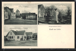 AK Leiha, Materialwarenhandlung V. G. Busch, Dorflage Mit Kirche, Kriegerdenkmal 1914-18  - Sonstige & Ohne Zuordnung