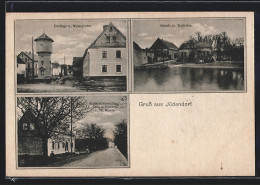 AK Jüdendorf, Materialwarenhandlung U. Glaserei, Dorflage Mit Wasserturm, Schule Mit Dorfteich  - Autres & Non Classés