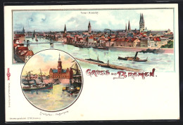 Lithographie Bremen, Hafenhaus Am Freihafen, Gesamtansicht  - Bremen